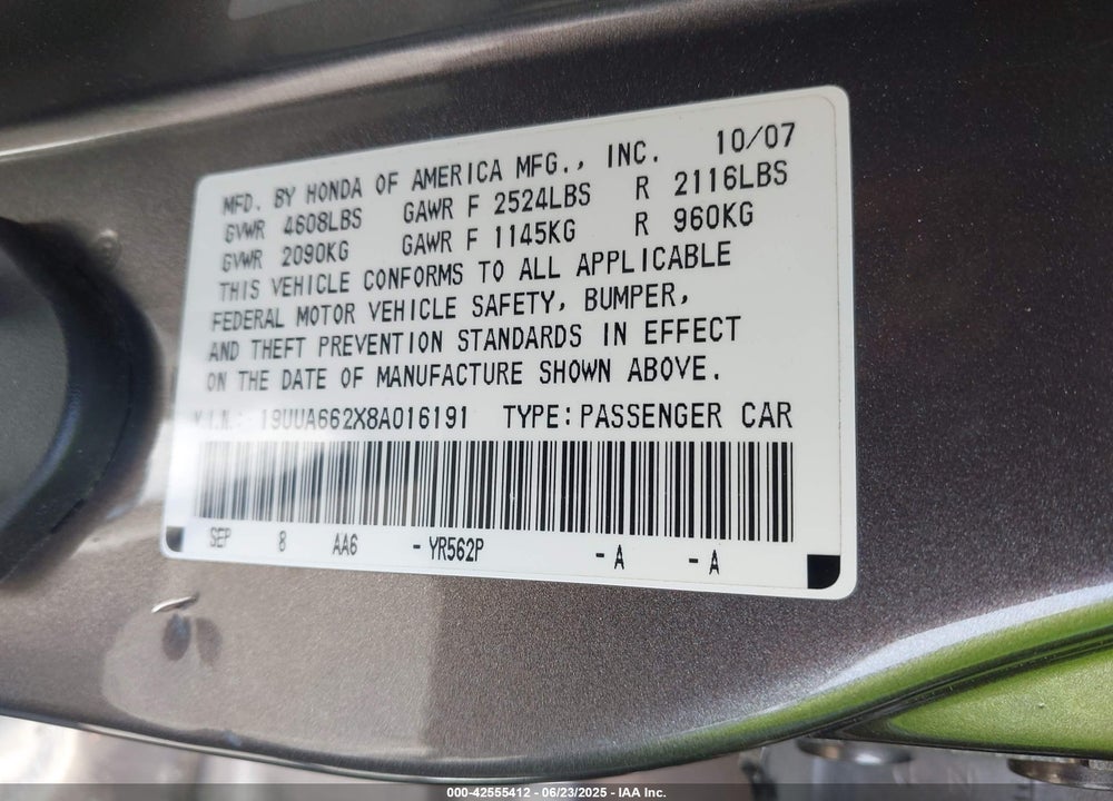 2008 ACURA TL 3.2 VIN: 19UUA662X8A016191