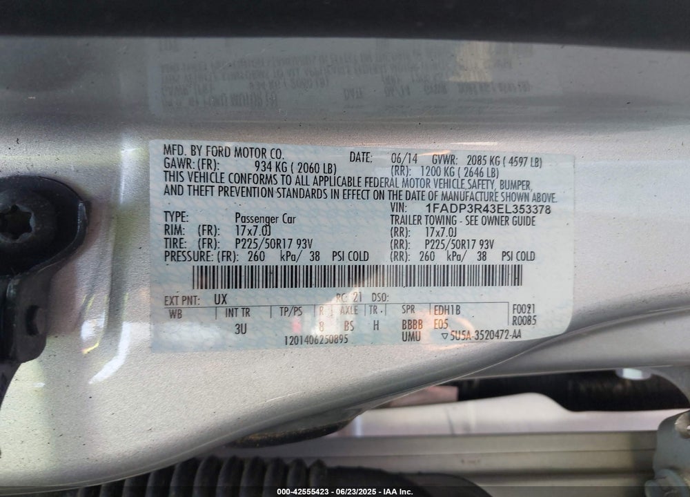 2014 FORD FOCUS ELECTRIC VIN: 1FADP3R43EL353378