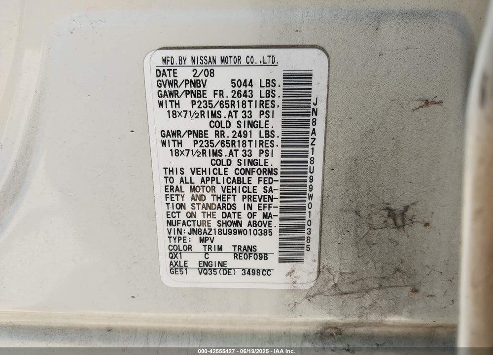 2009 NISSAN MURANO VIN: JN8AZ18U99W010385