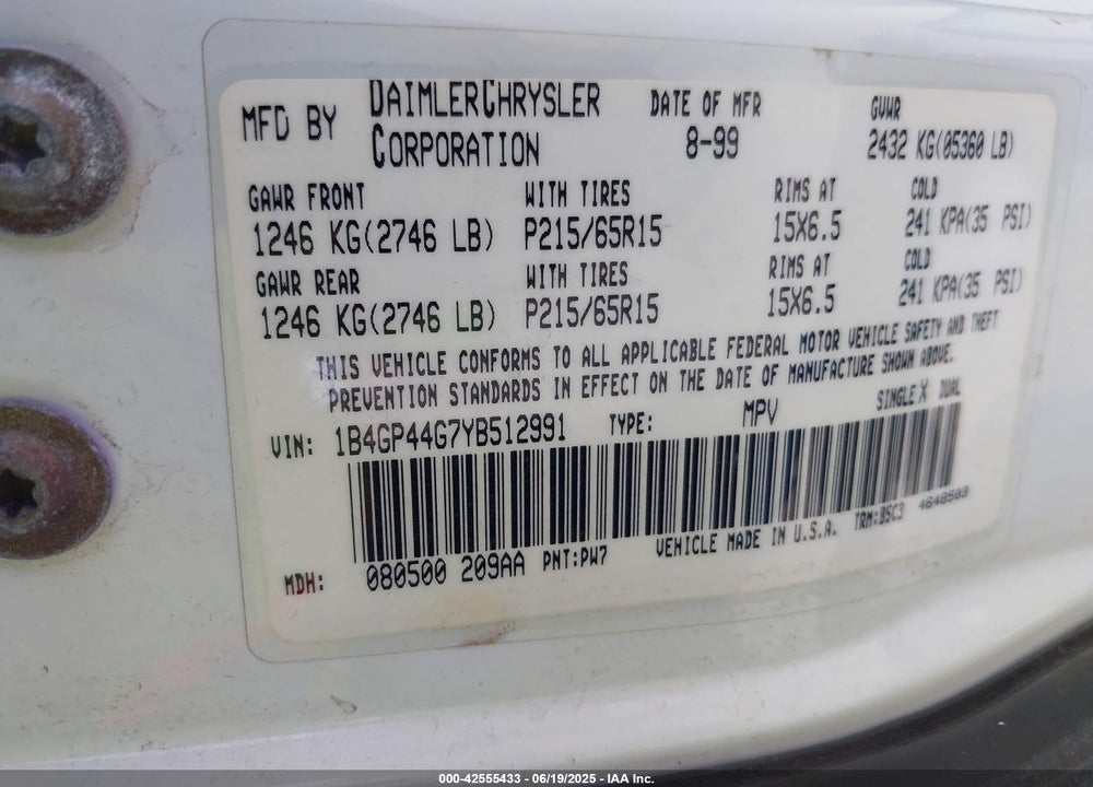 2000 DODGE GRAND CARAVAN SE VIN: 1B4GP44G7YB512991