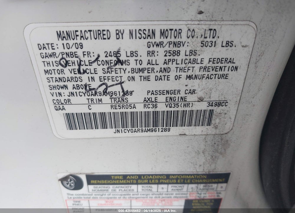 2010 INFINITI M35 VIN: JN1CY0AR9AM961289