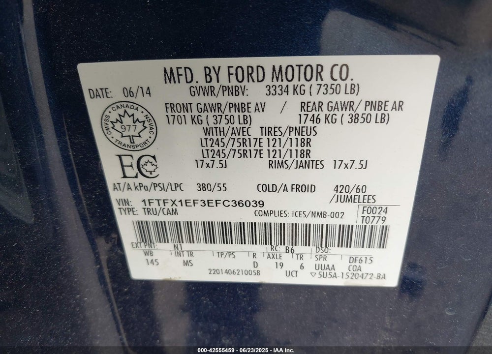 2014 FORD F-150 VIN: 1FTFX1EF3EFC36039