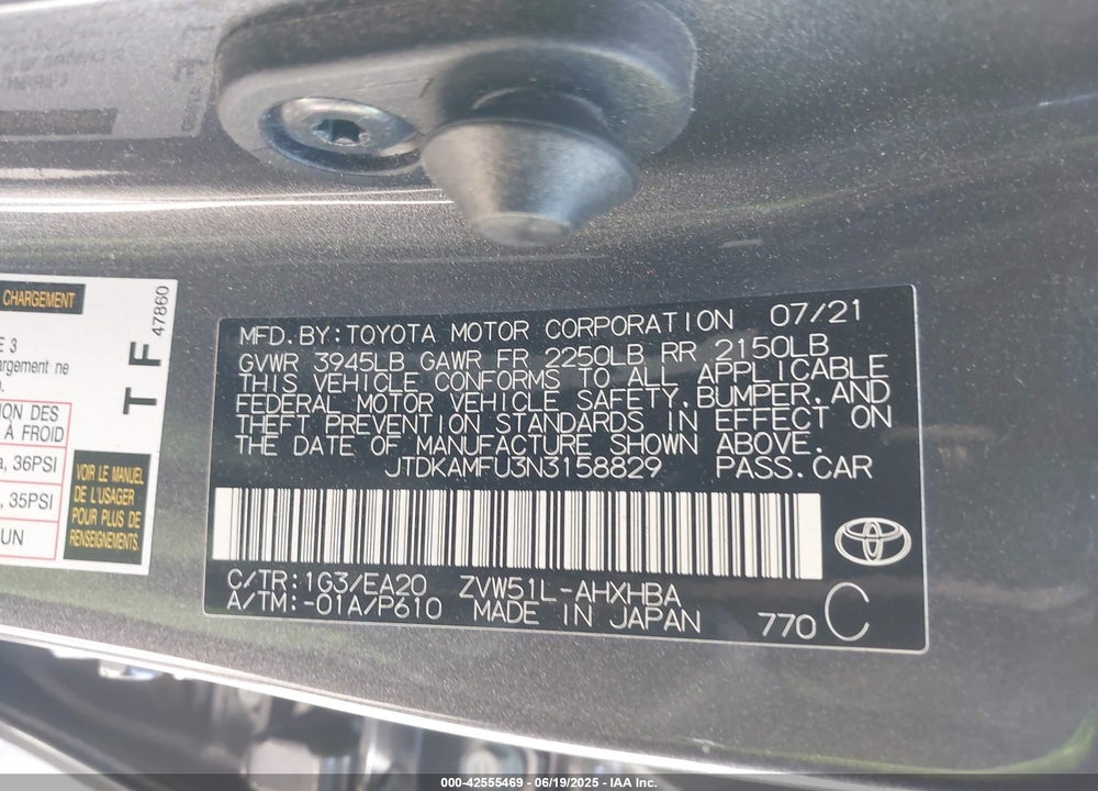 2022 TOYOTA PRIUS VIN: JTDKAMFU3N3158829