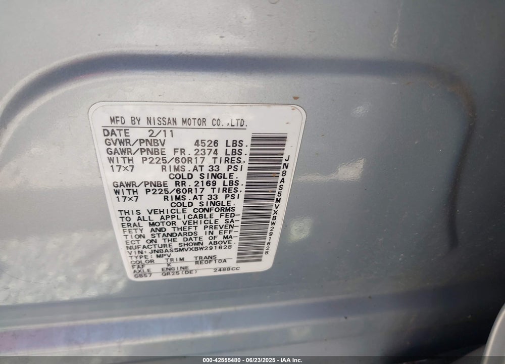 2011 NISSAN ROGUE VIN: JN8AS5MVXBW291628