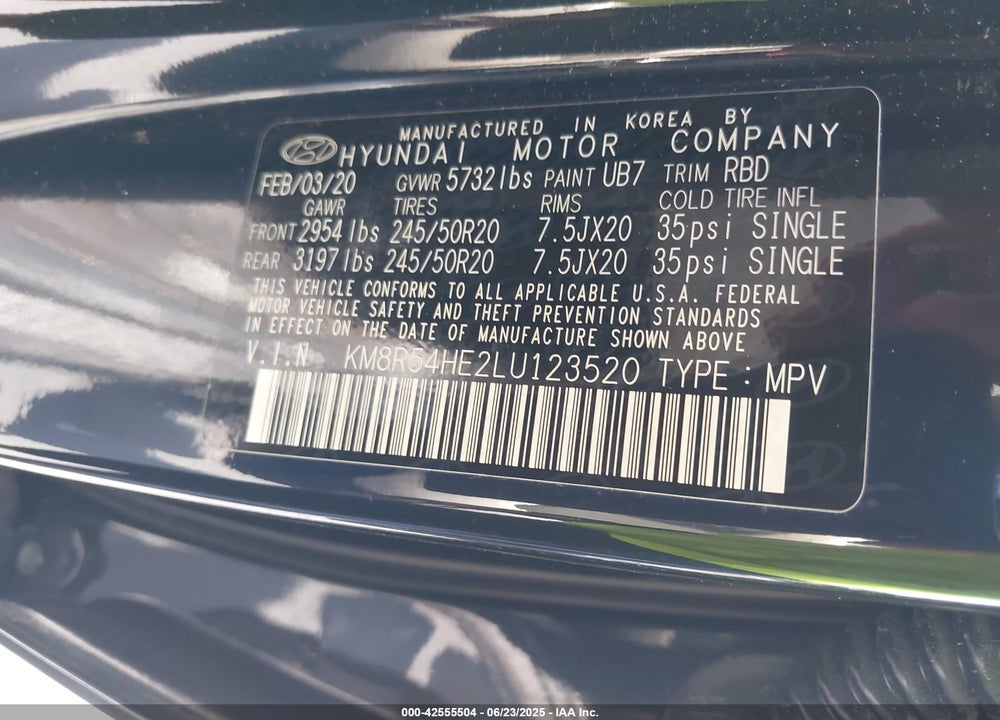 2020 HYUNDAI PALISADE VIN: KM8R54HE2LU123520