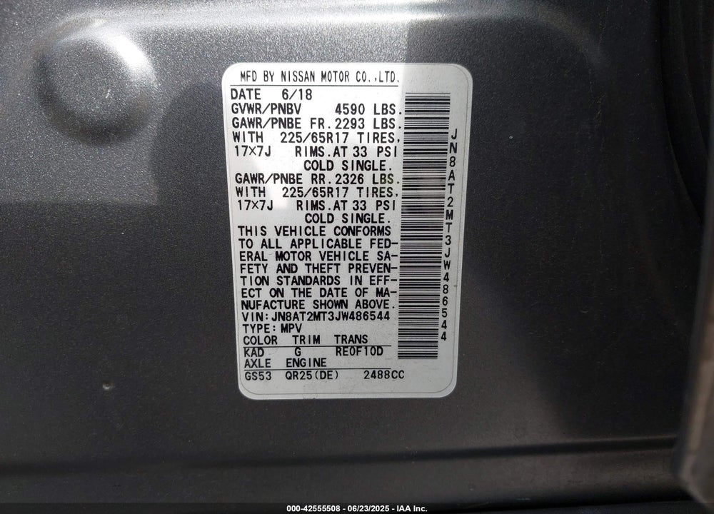 2018 NISSAN ROGUE SV VIN: JN8AT2MT3JW486544