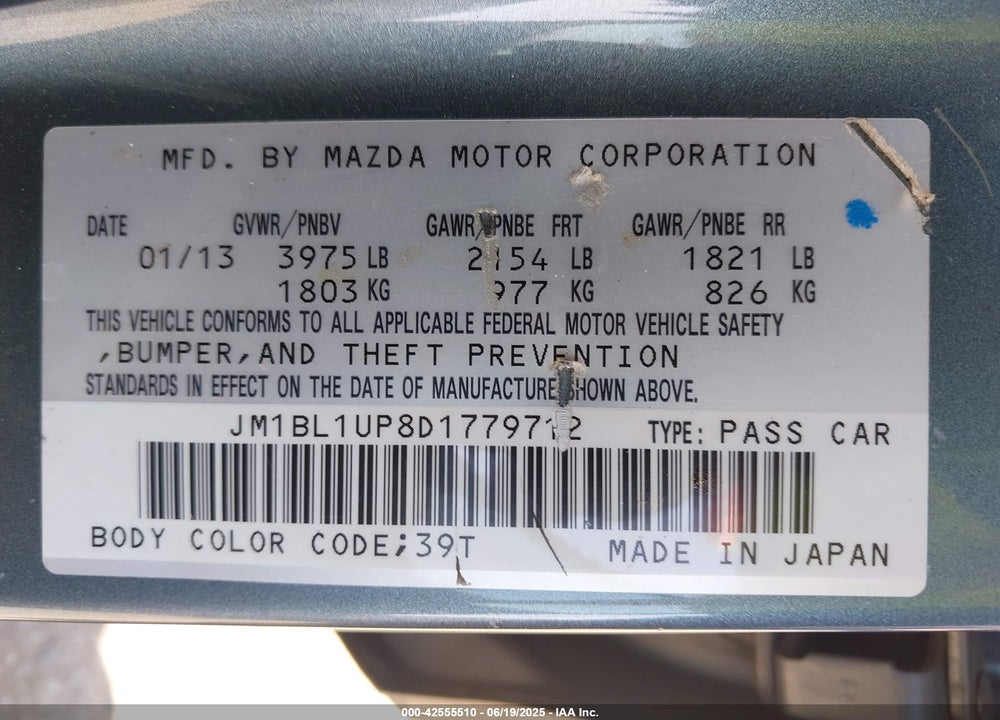 2013 MAZDA 3 VIN: JM1BL1UP8D1779712