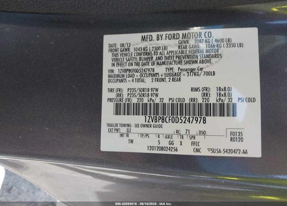 2013 FORD MUSTANG GT VIN: 1ZVBP8CF0D5247978