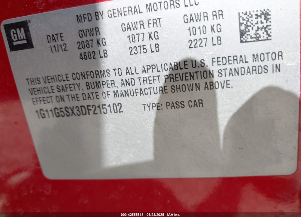 2013 CHEVROLET MALIBU VIN: 1G11G5SX3DF215102