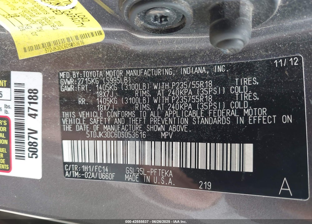 2013 TOYOTA SIENNA LE 7 PASSENGER VIN: 5TDJK3DC6DS053616