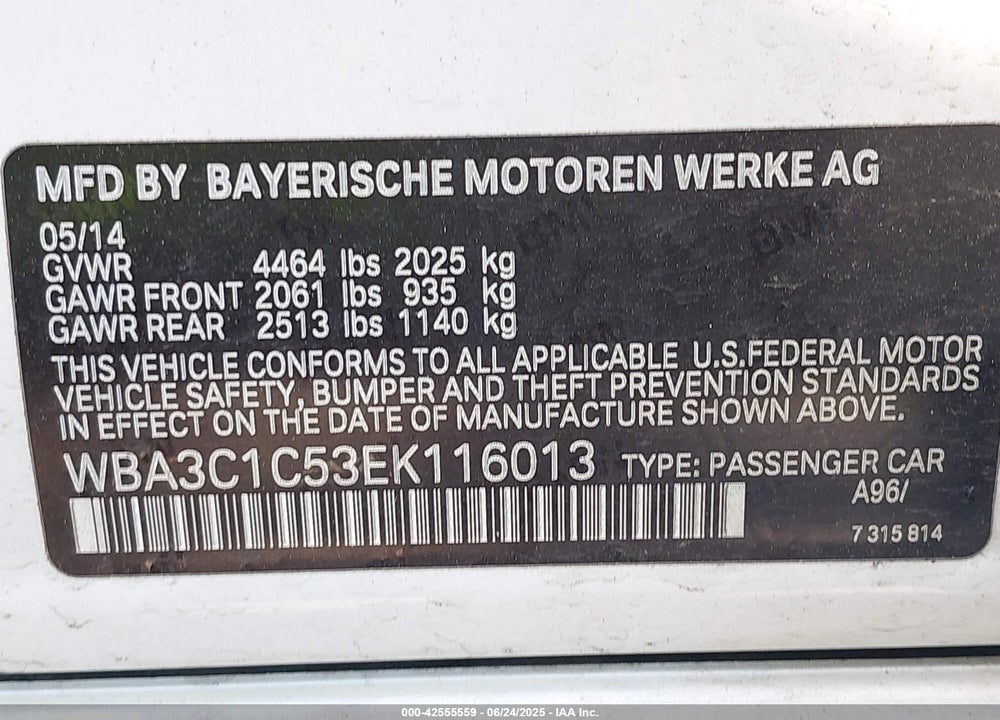 2014 BMW 328I VIN: WBA3C1C53EK116013