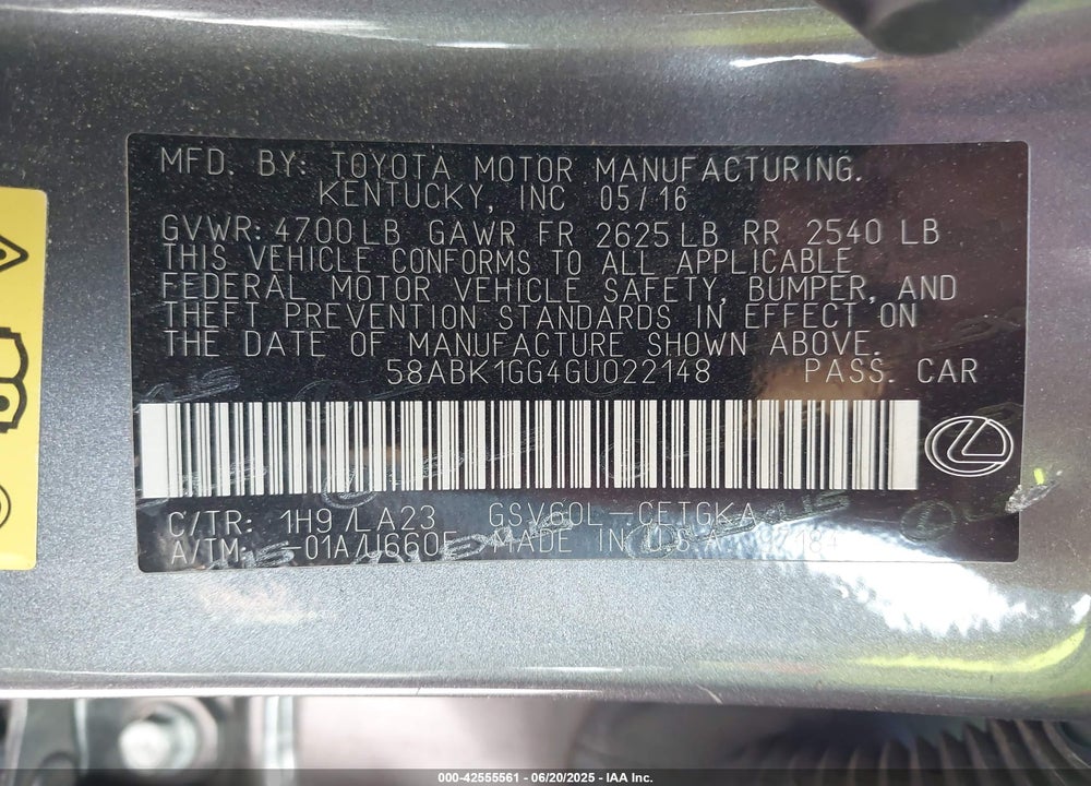 2016 LEXUS ES350 VIN: 58ABK1GG4GU022148