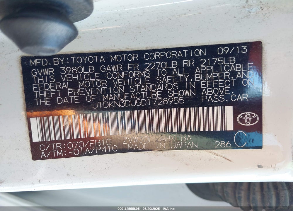 2013 TOYOTA PRIUS VIN: JTDKN3DU5D1728955