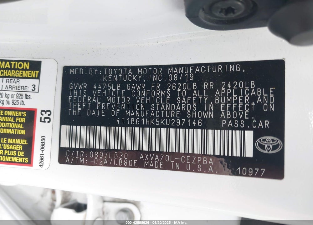 2019 TOYOTA CAMRY VIN: 4T1B61HK5KU297146