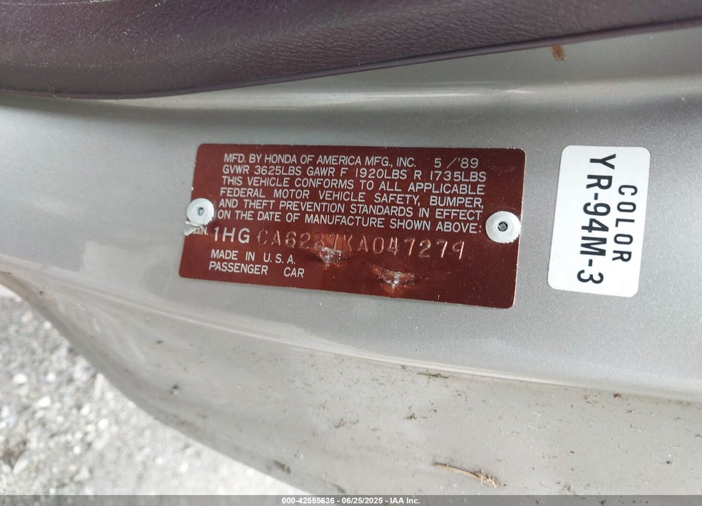 1989 HONDA ACCORD LXI VIN: 1HGCA6287KA047279