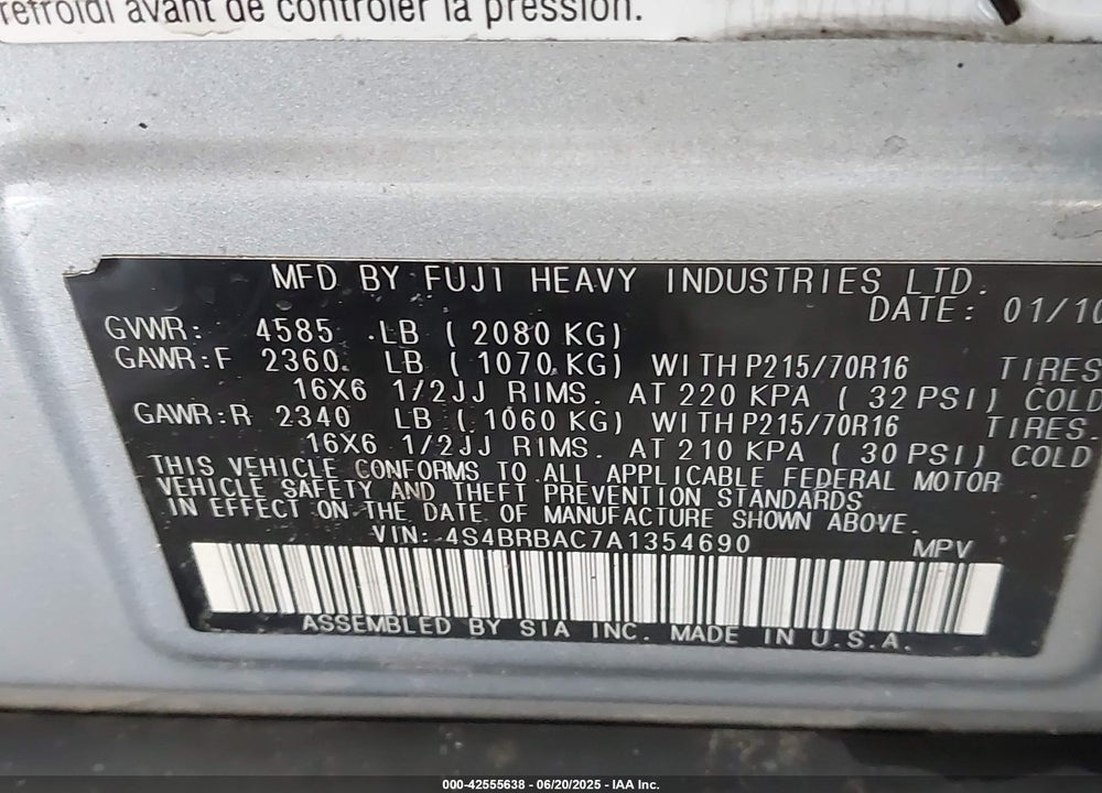 2010 SUBARU OUTBACK VIN: 4S4BRBAC7A1354690