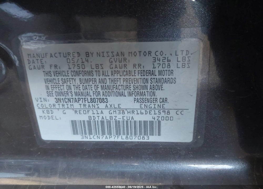 2015 NISSAN VERSA VIN: 3N1CN7AP7FL807083