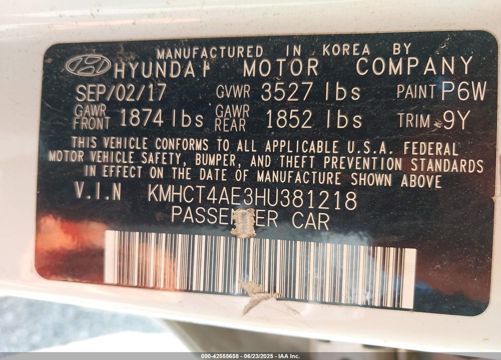 2017 HYUNDAI ACCENT VIN: KMHCT4AE3HU381218