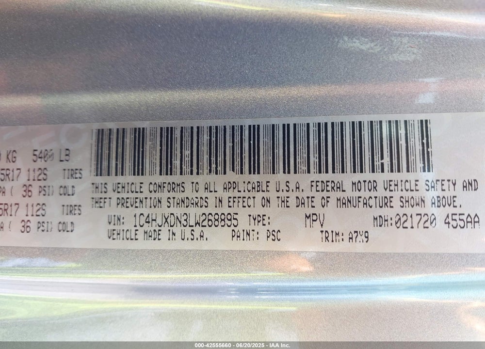 2020 JEEP WRANGLER UNLIMITED VIN: 1C4HJXDN3LW268895