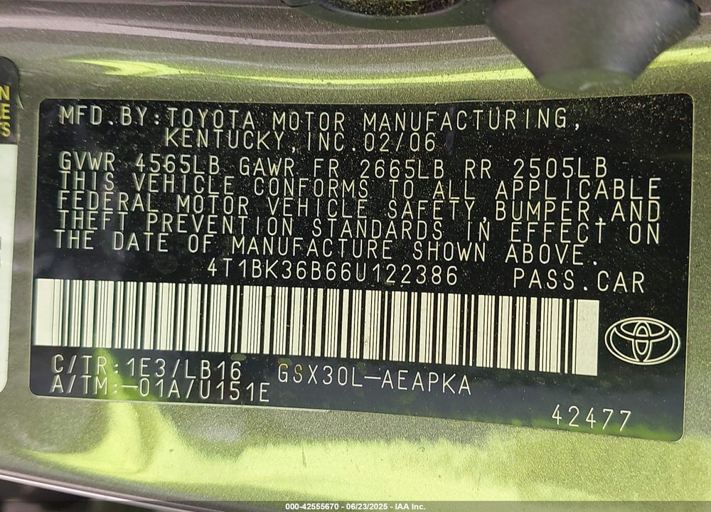 2006 TOYOTA AVALON VIN: 4T1BK36B66U122386