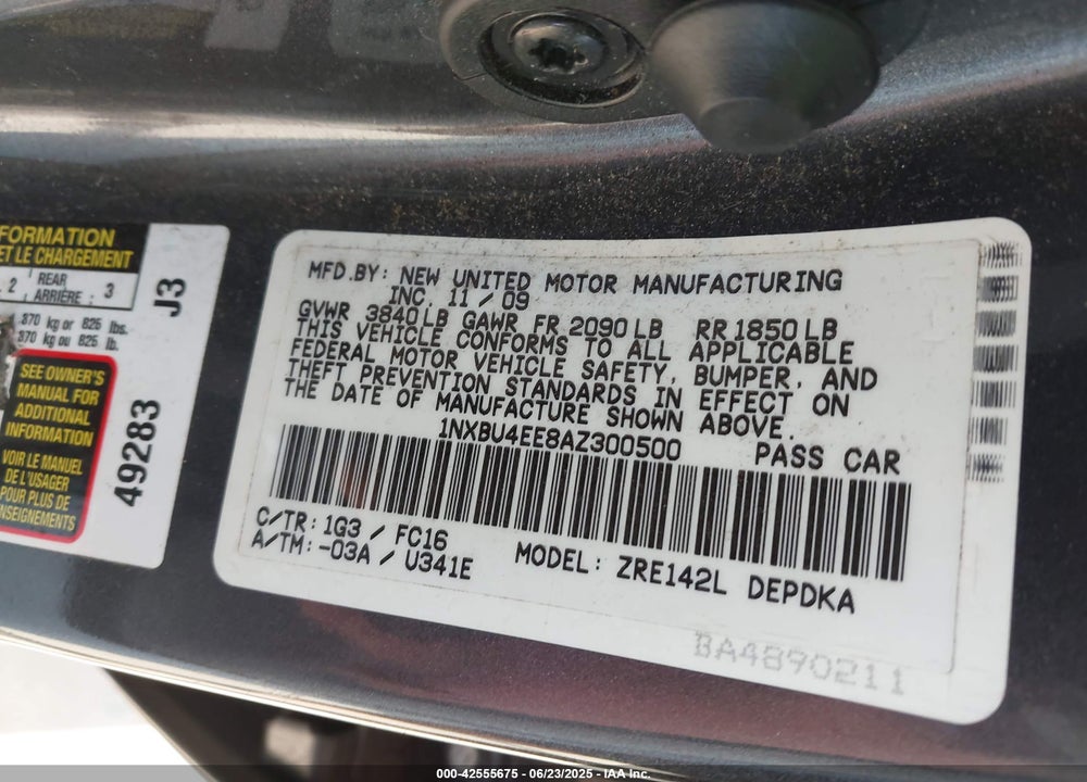 2010 TOYOTA COROLLA VIN: 1NXBU4EE8AZ300500