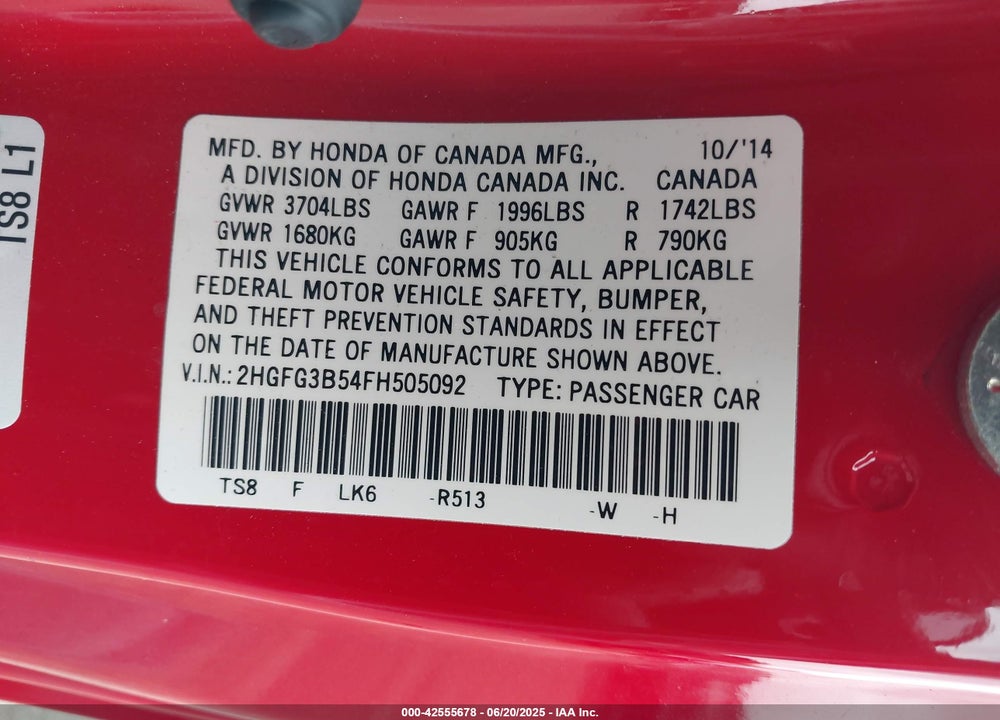2015 HONDA CIVIC LX VIN: 2HGFG3B54FH505092