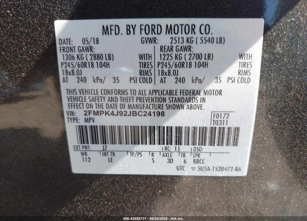 2018 FORD EDGE VIN: 2FMPK4J92JBC24198