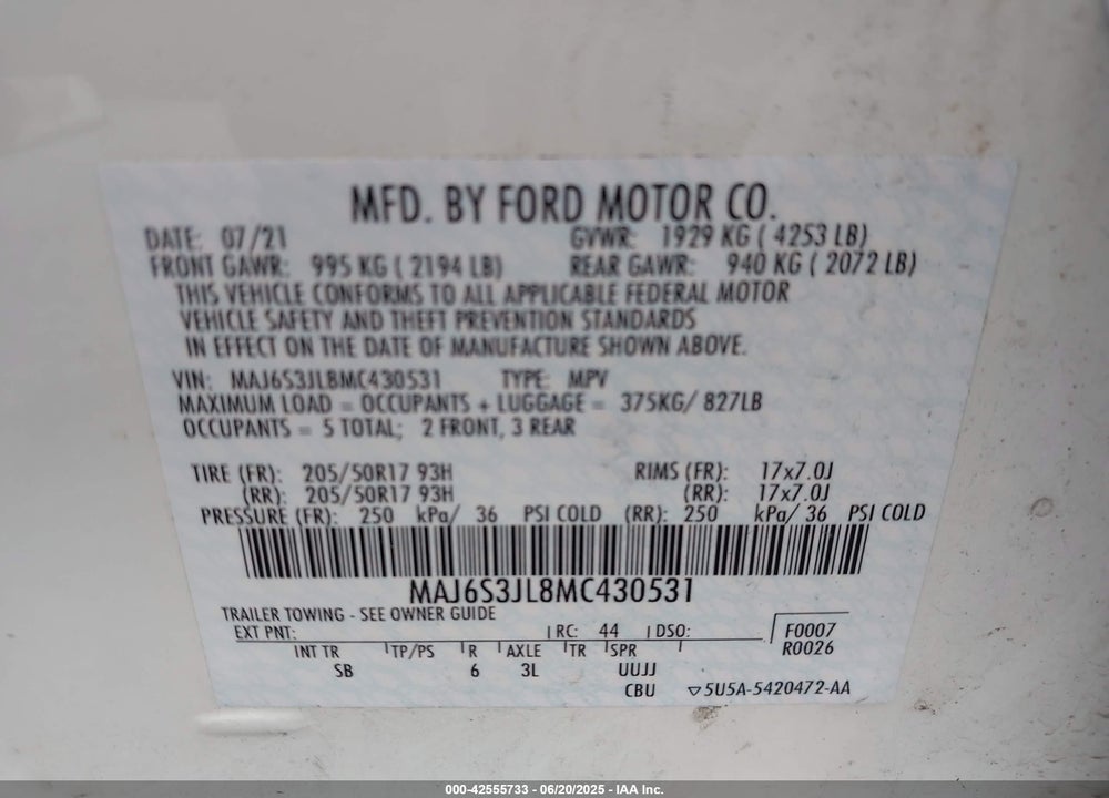2021 FORD ECOSPORT VIN: MAJ6S3JL8MC430531