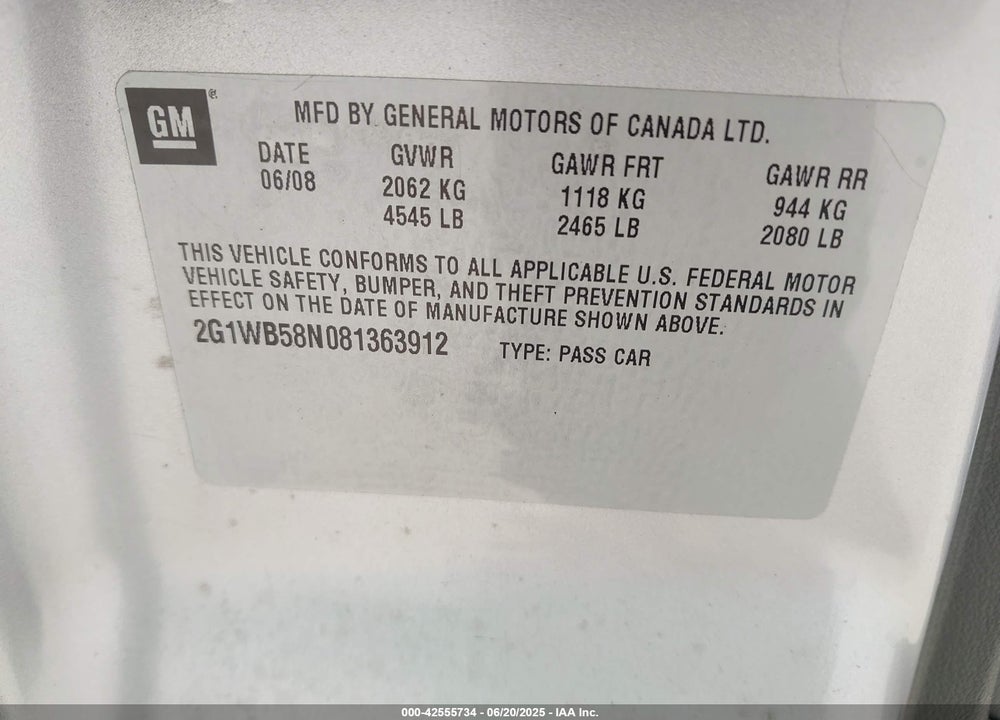 2008 CHEVROLET IMPALA VIN: 2G1WB58N081363912