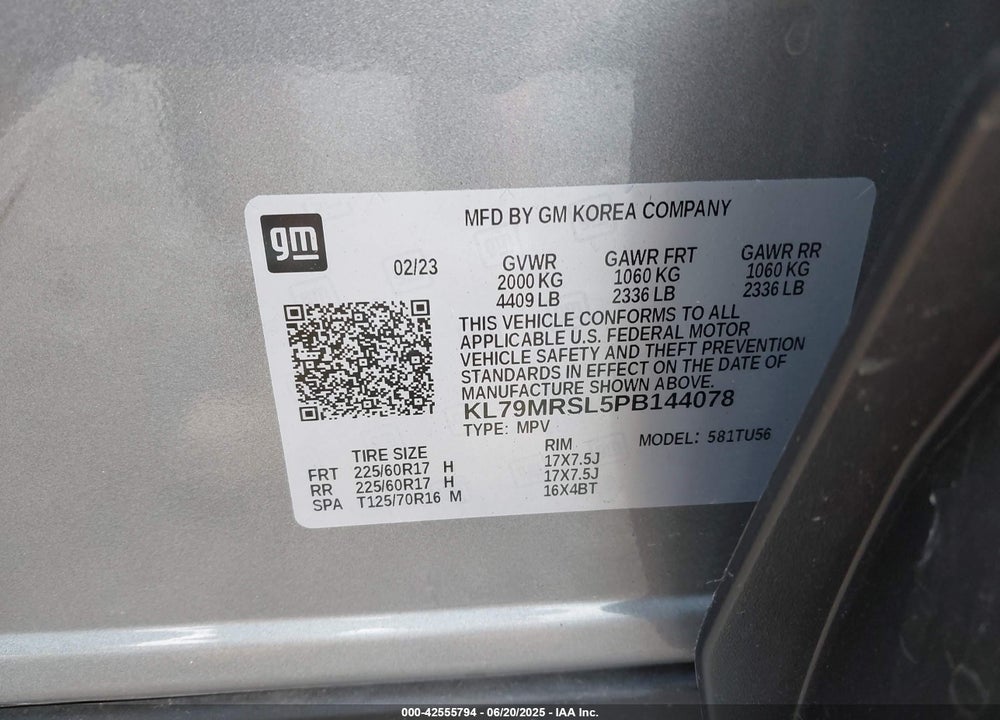 2023 CHEVROLET TRAILBLAZER VIN: KL79MRSL5PB144078