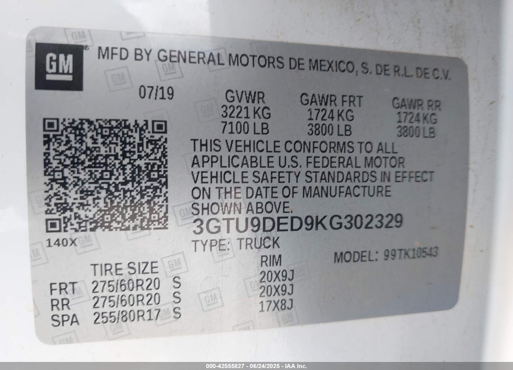 2019 GMC SIERRA 1500 VIN: 3GTU9DED9KG302329