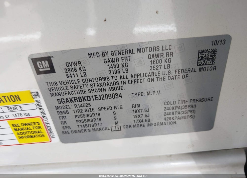 2014 BUICK ENCLAVE VIN: 5GAKRBKD1EJ209034