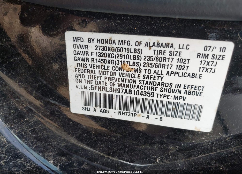 2010 HONDA ODYSSEY TOURING VIN: 5FNRL3H97AB104359