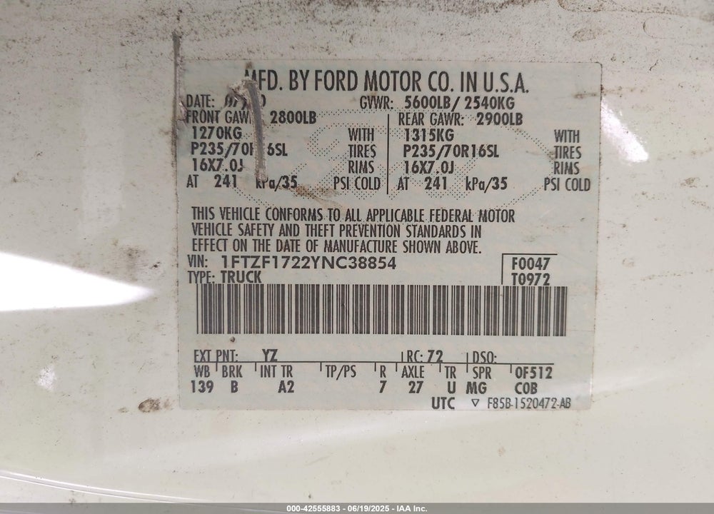 2000 FORD F-150 WORK SERIES/XL/XLT VIN: 1FTZF1722YNC38854