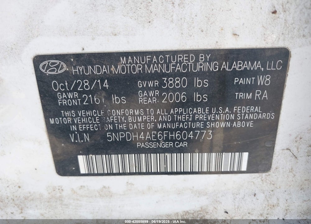 2015 HYUNDAI ELANTRA SE VIN: 5NPDH4AE6FH604773