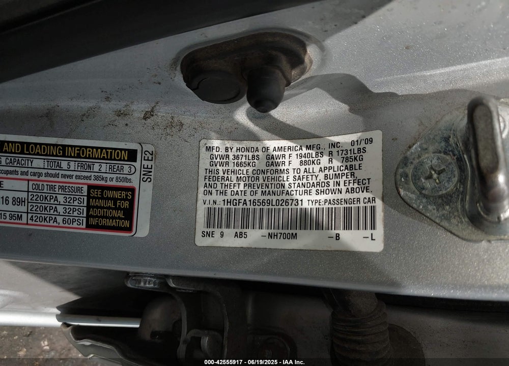 2009 HONDA CIVIC VIN: 1HGFA16569L026731