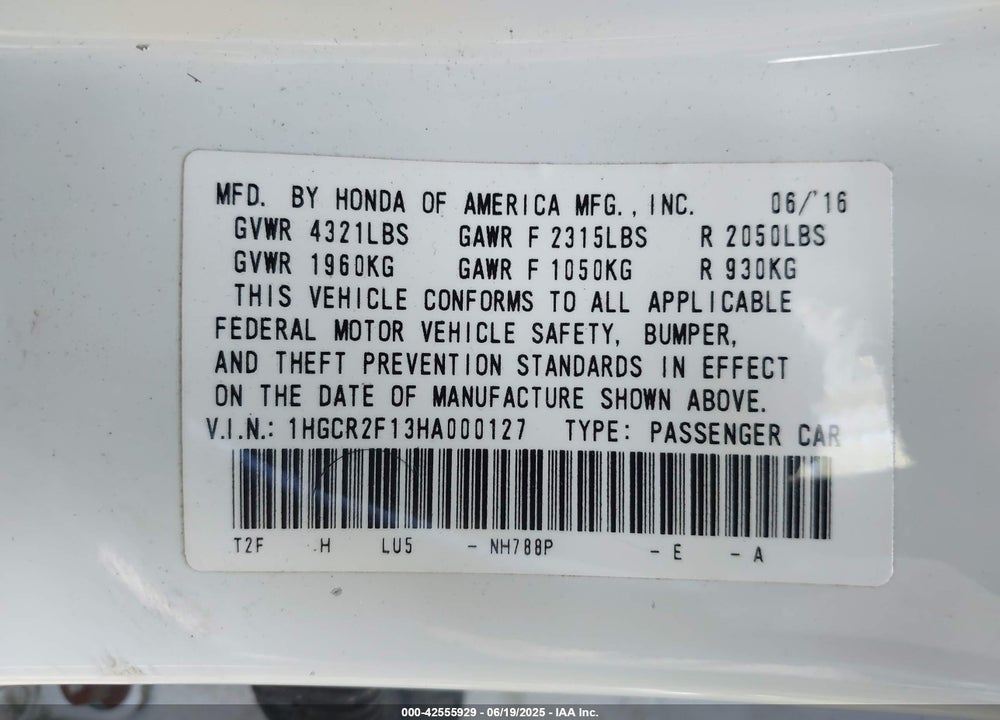 2017 HONDA ACCORD VIN: 1HGCR2F13HA000127