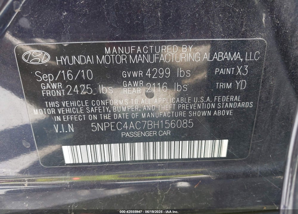 2011 HYUNDAI SONATA LIMITED VIN: 5NPEC4AC7BH156085