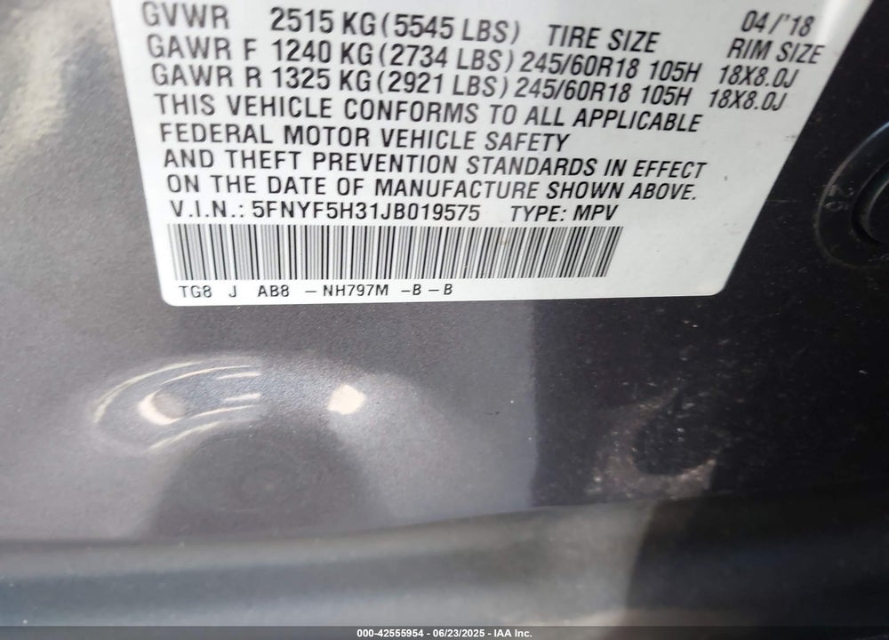 2018 HONDA PILOT VIN: 5FNYF5H31JB019575