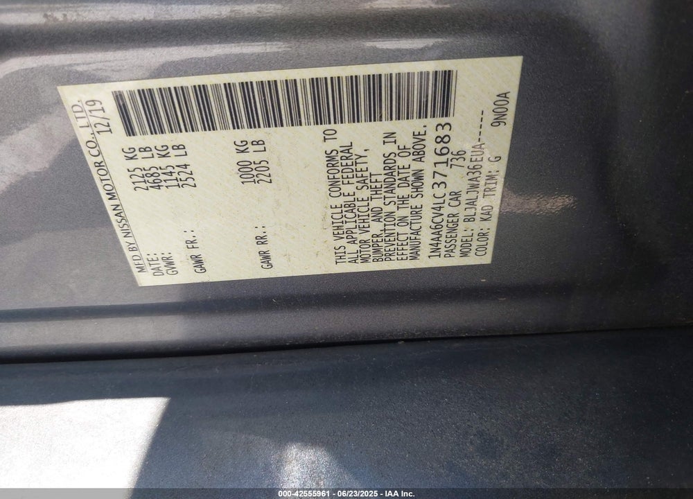 2020 NISSAN MAXIMA VIN: 1N4AA6CV4LC371683