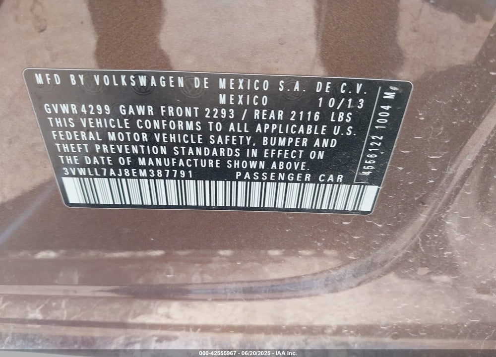 2014 VOLKSWAGEN JETTA VIN: 3VWLL7AJ8EM387791