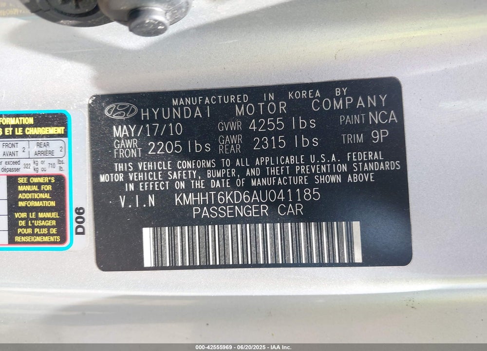 2010 HYUNDAI GENESIS VIN: KMHHT6KD6AU041185