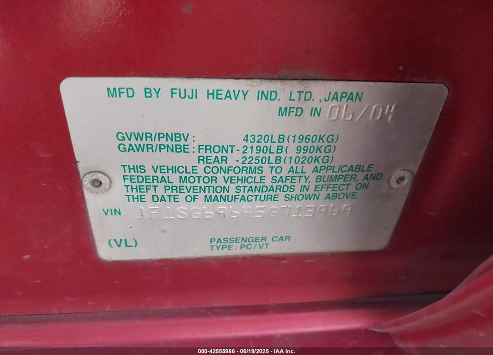 2005 SUBARU FORESTER 2.5XT VIN: JF1SG69645G713969