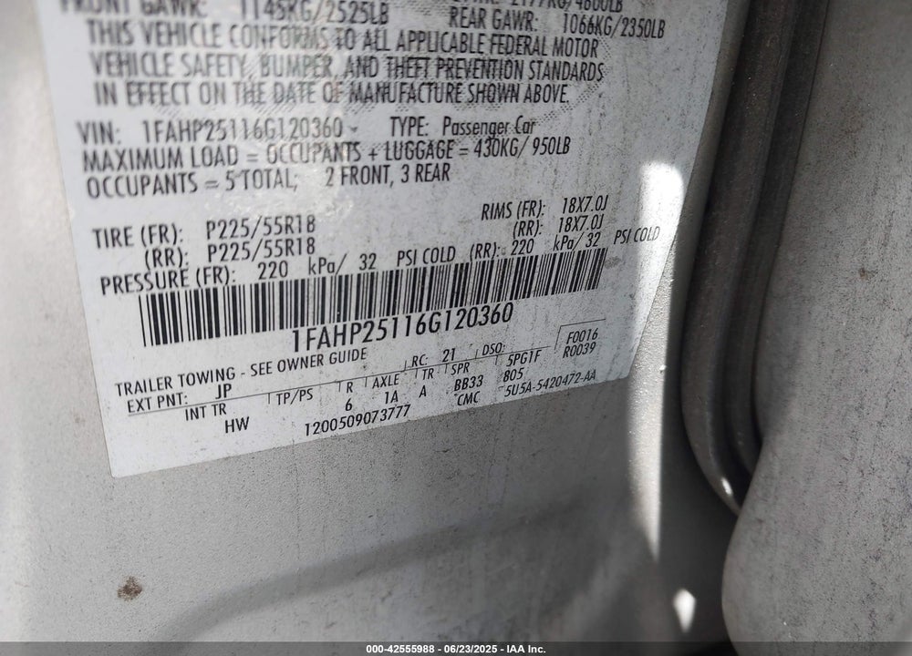 2006 FORD FIVE HUNDRED LIMITED VIN: 1FAHP25116G120360