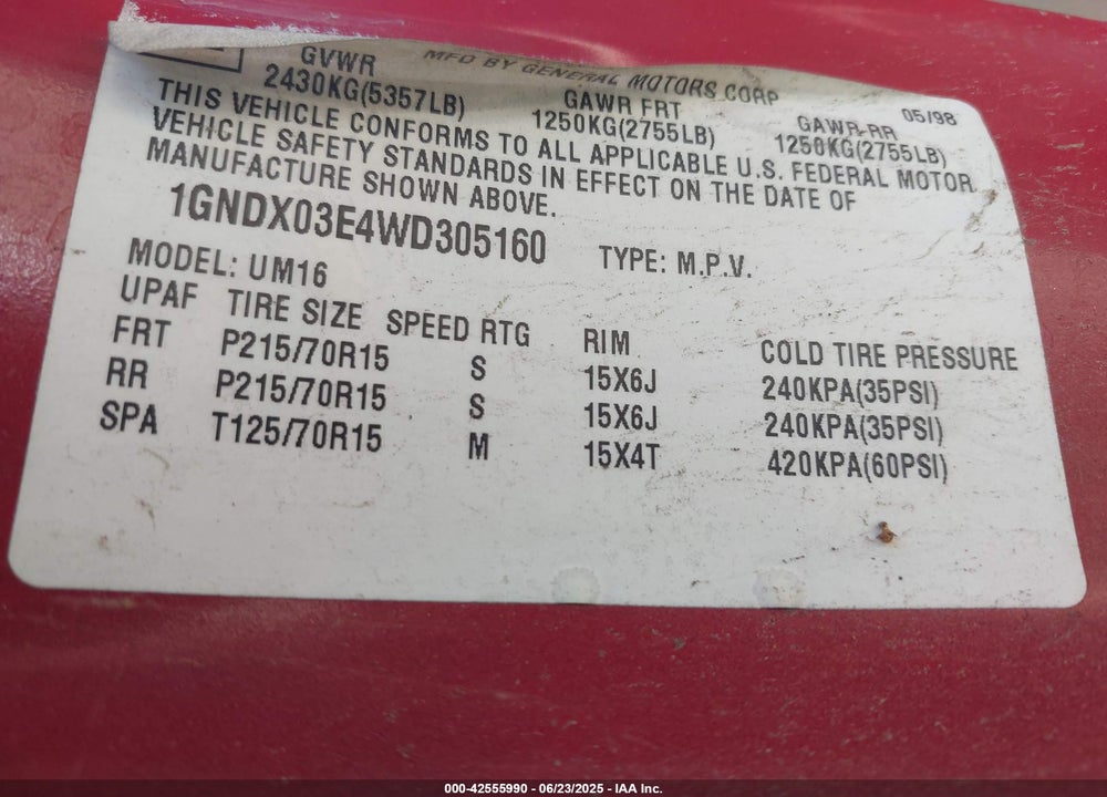1998 CHEVROLET VENTURE VIN: 1GNDX03E4WD305160