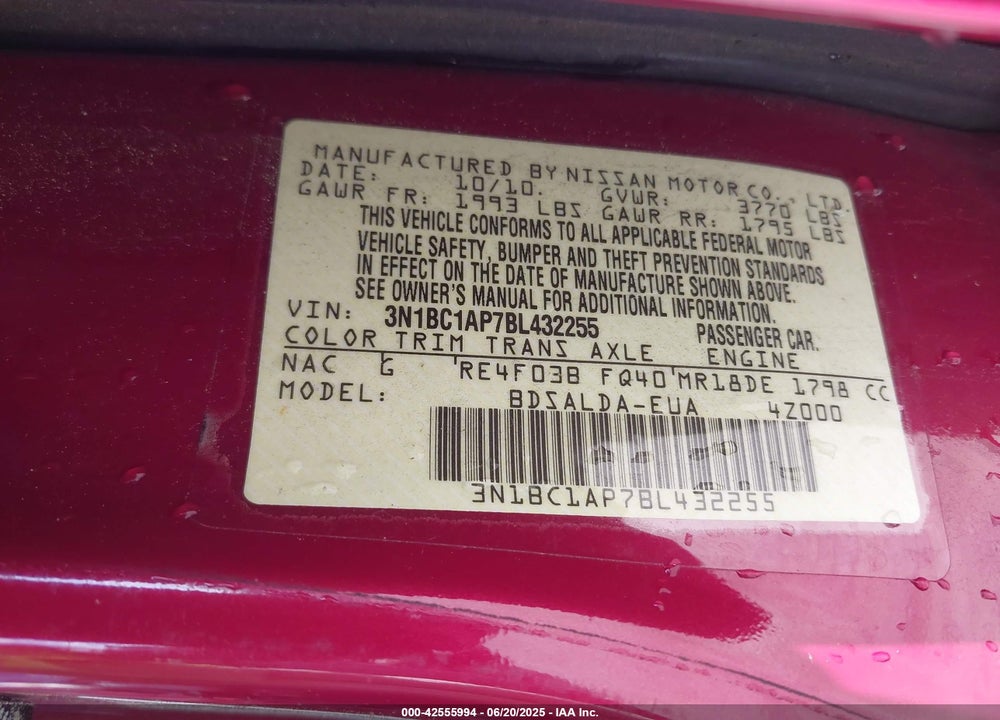 2011 NISSAN VERSA VIN: 3N1BC1AP7BL432255