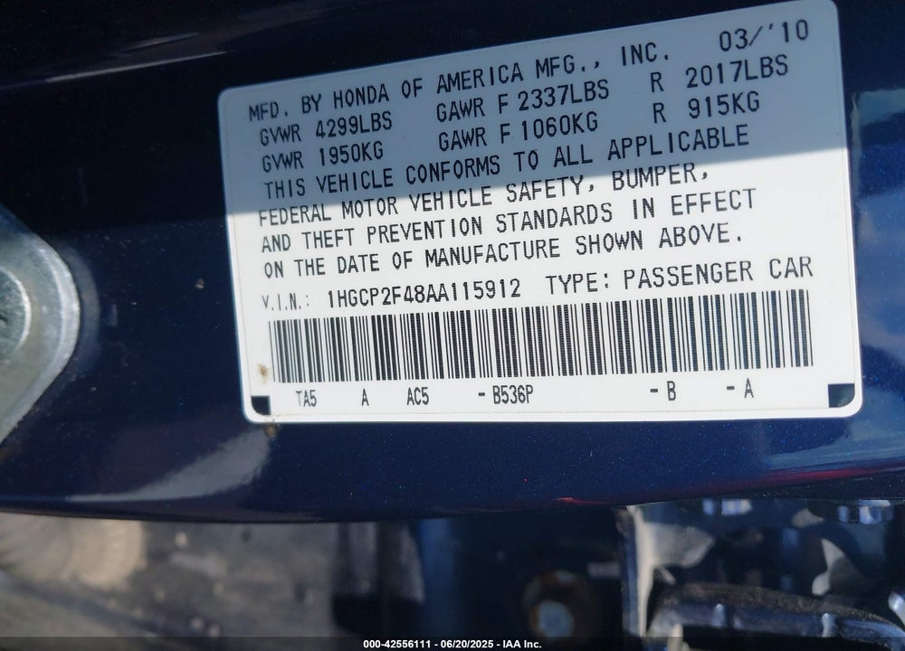 2010 HONDA ACCORD VIN: 1HGCP2F48AA115912
