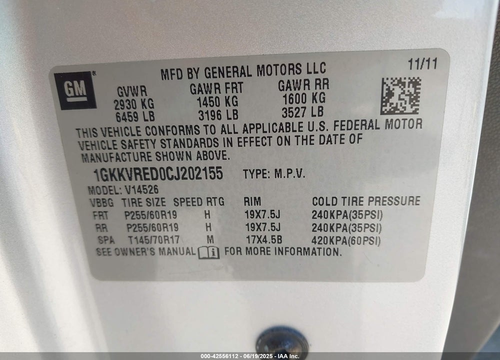 2012 GMC ACADIA VIN: 1GKKVRED0CJ202155