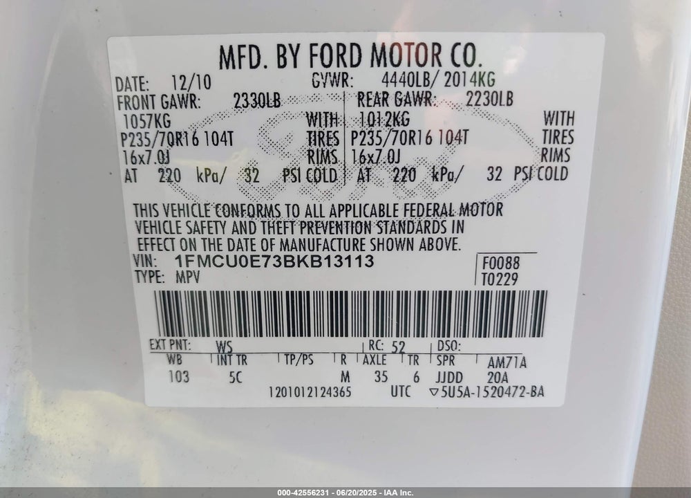 2011 FORD ESCAPE VIN: 1FMCU0E73BKB13113