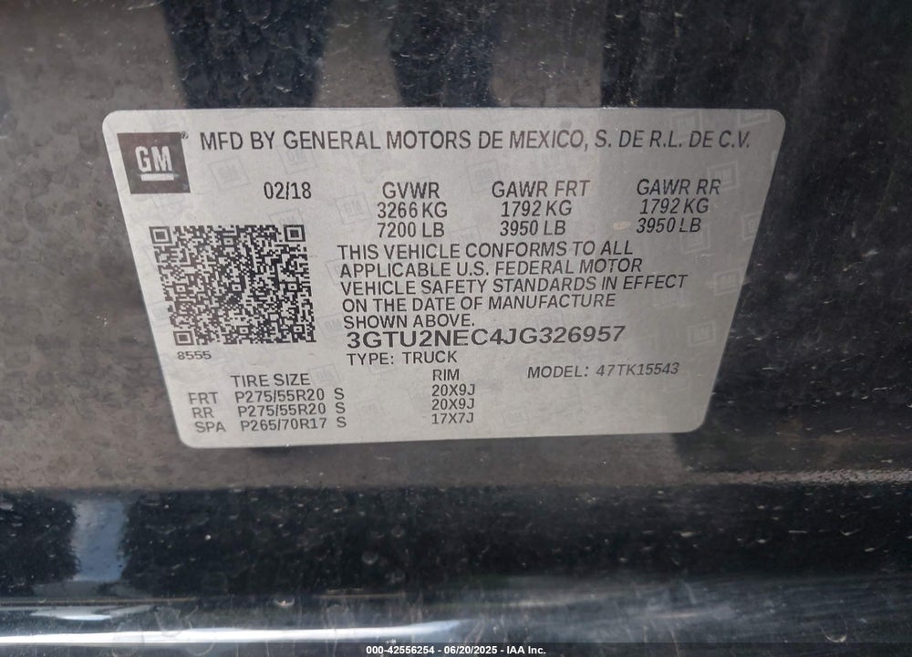 2018 GMC SIERRA 1500 VIN: 3GTU2NEC4JG326957